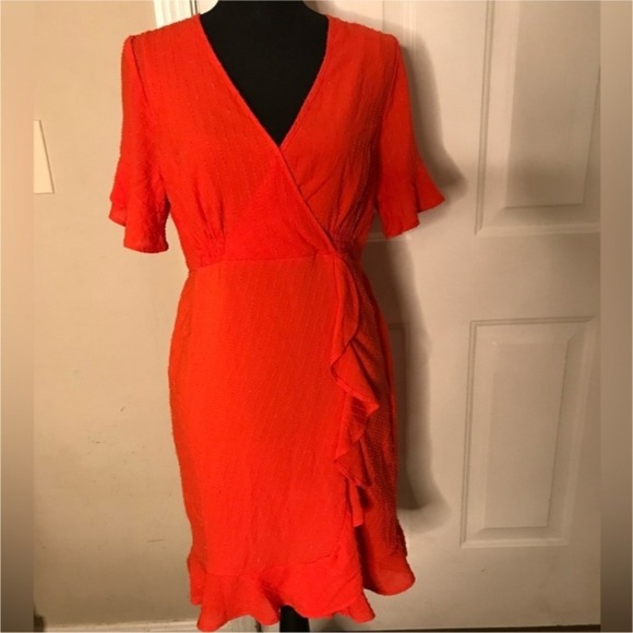 Michael Kors Wrap Dress Ruffle Orange Sparkle V-Neck Flared Sleeve S NWT $165 - Picture 3 of 13